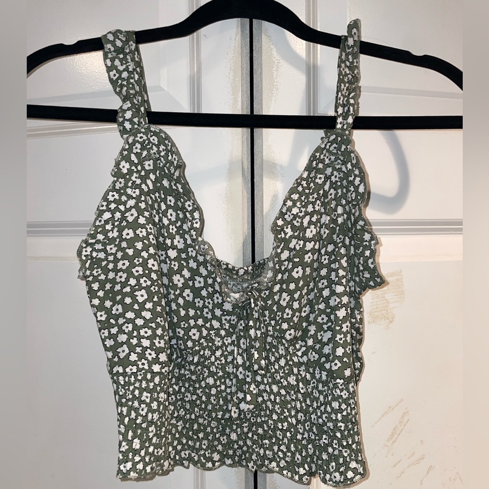 Green Floral Ruffle Tank Crop Top